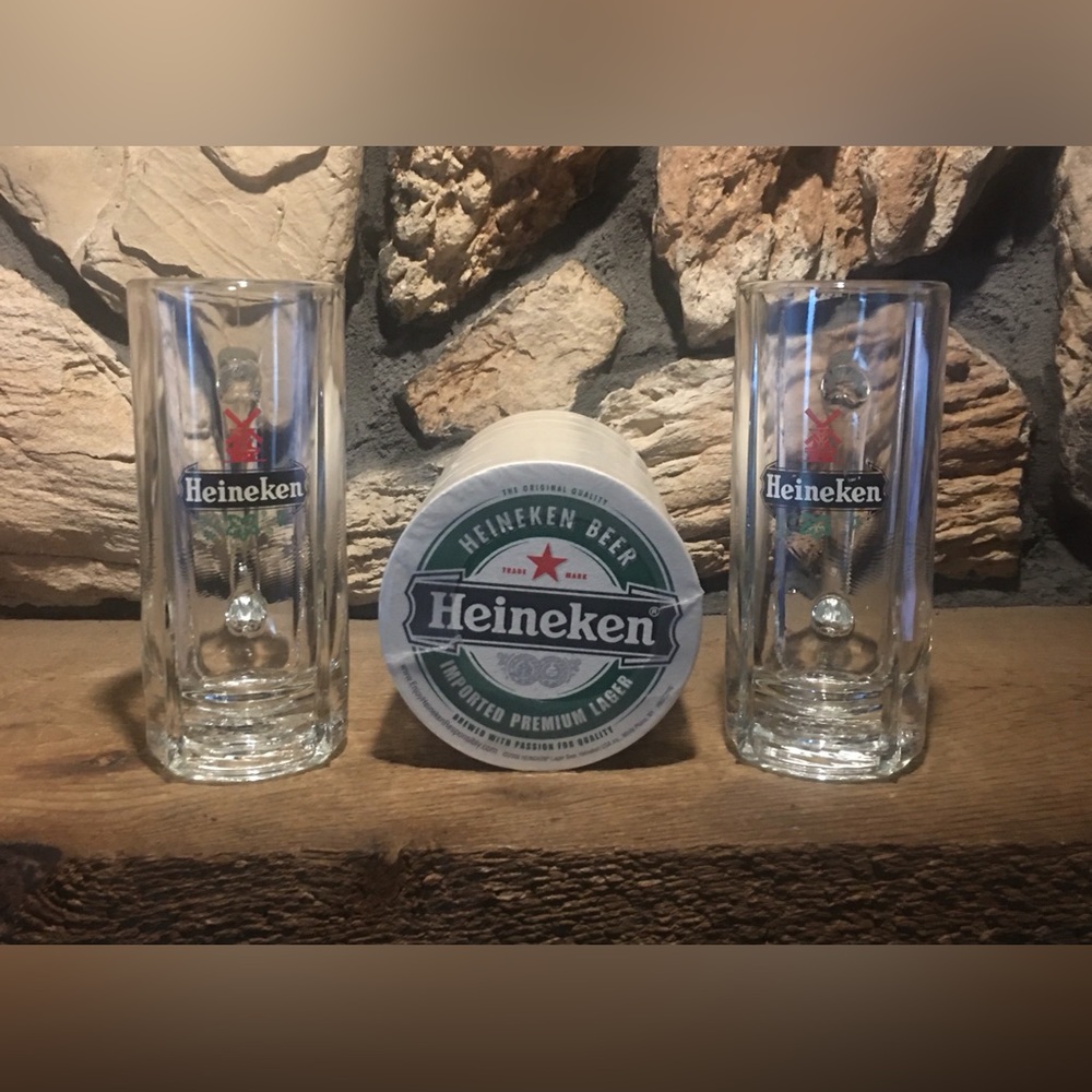 Vintage Heineken Collectible Display Mugs (Set of 2) w/ Heineken Coasters